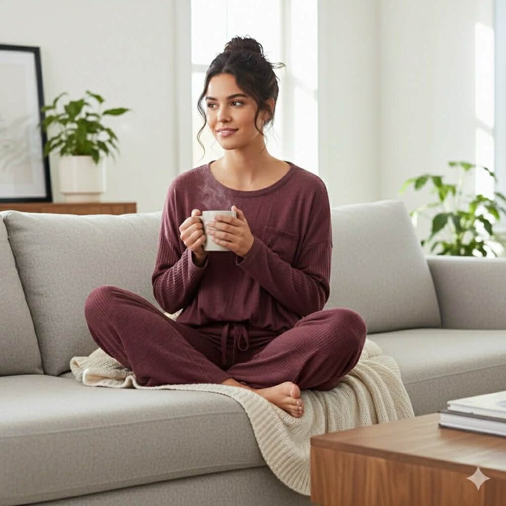 Burgundy Ribbed Long Sleeve Top & Pants Lounge Set. Comfy and Cozy